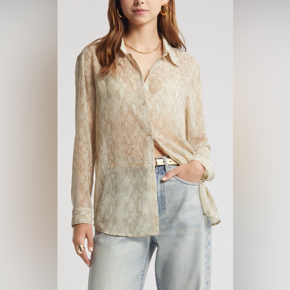 Women's Open Edit Beige Sheer Snake Print Blouse, Sz M, NWT